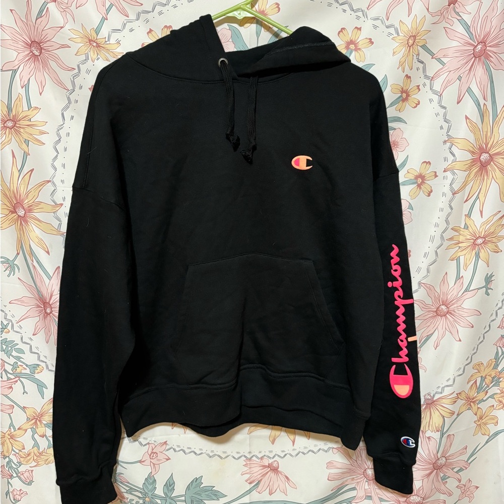 Champion Black Hoodie with Pink logo on sleeve size medium